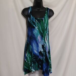 Sleeveless A-Line Tunic Dress in Blue & Green Print